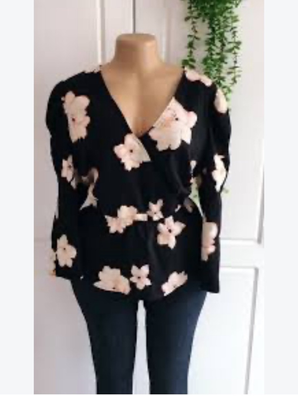 Who What Wear Black Wrap Blouse with Light Pink Floral Print